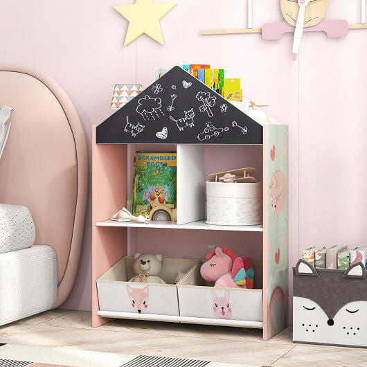 Playhouse Kids Bookshelf with Chalkboard and Whiteboard for 3-6 Years-Gray