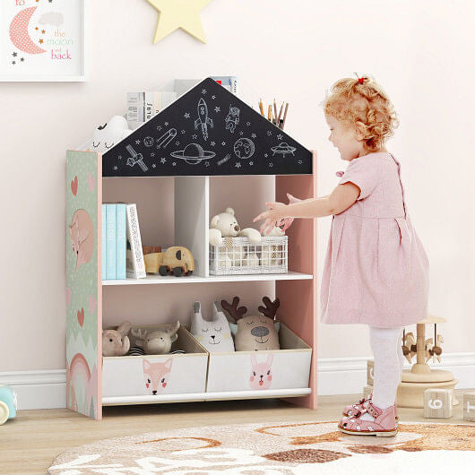Playhouse Kids Bookshelf with Chalkboard and Whiteboard for 3-6 Years-Gray